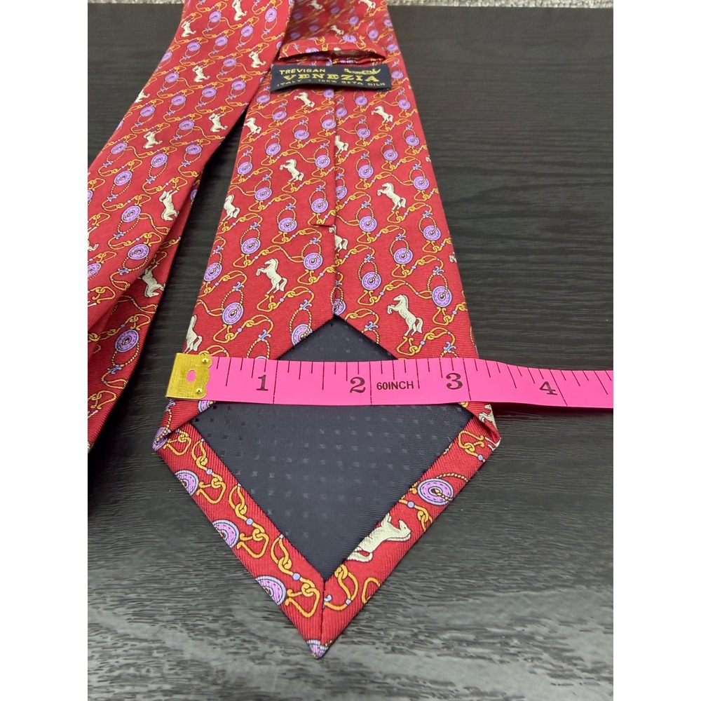 Trevisan Venezia Mens Red Silk Equestrian Horse Print Tie Made in Italy‎ - Picture 5 of 7